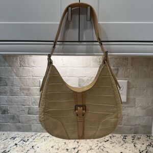 Francesco Biasia EUC Pale Yellow & Light Tan Croc-Embossed Leather Hobo Bag